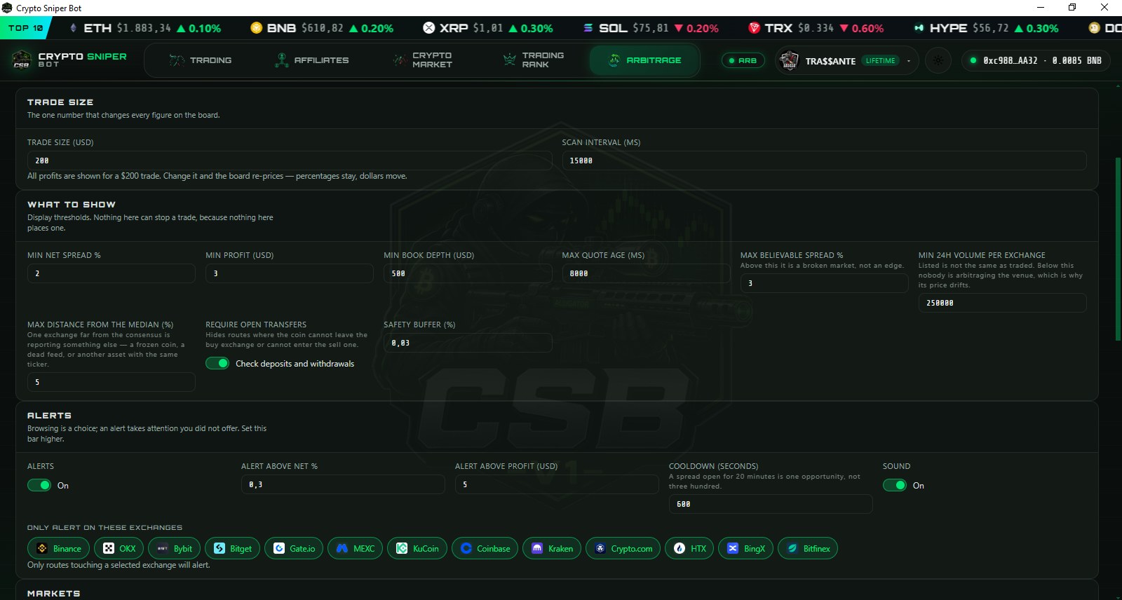 Arbitrage settings