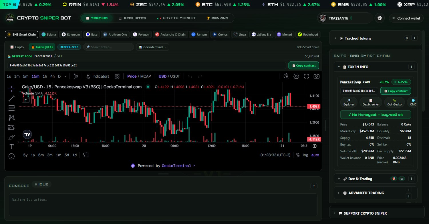 Crypto Sniper Bot terminal — live chart, contract data and anti-honeypot
